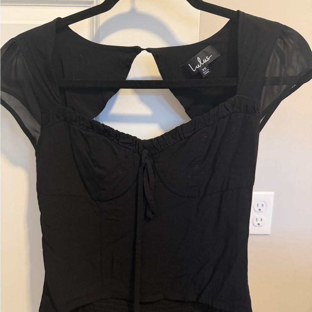 Lulu's Elegant Black Sheer Sleeve Blouse